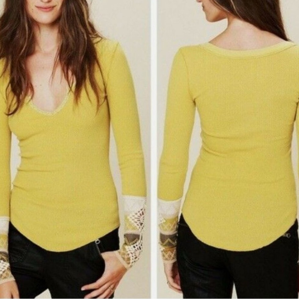 Free People Kombucha Cuff Yellow Embroidered Boho Waffle Thermal Top Rare XS